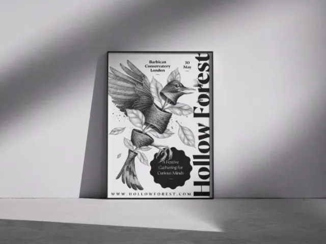 Hollow Forest festival poster by Miosis Studio displayed against a gray wall