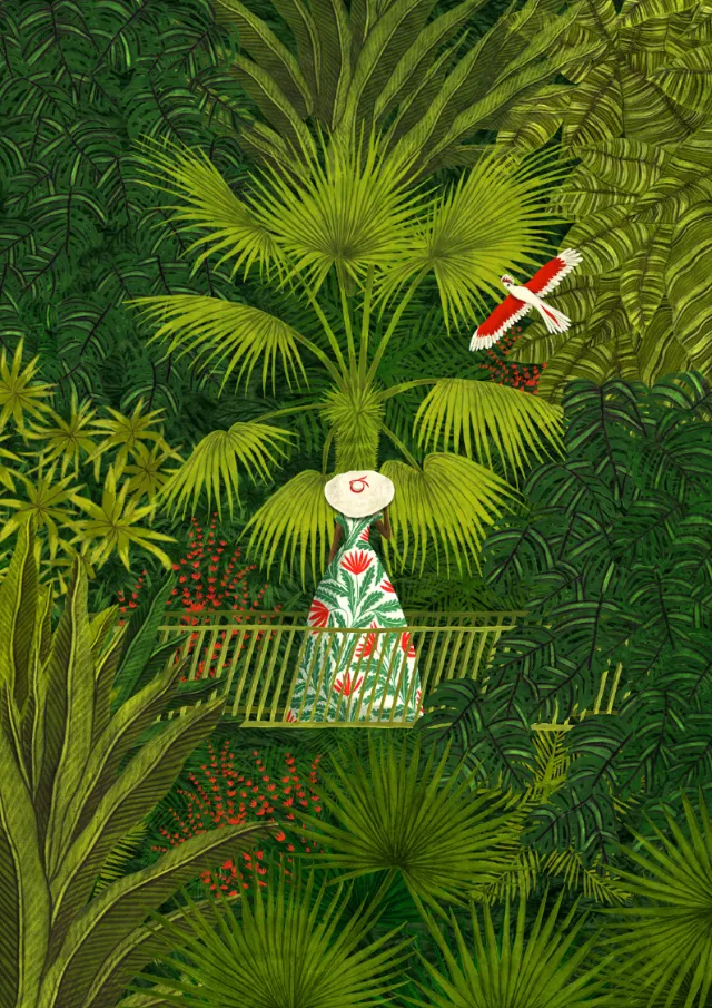 Rosanna Tasker illustration of a figure surrounded by tropical plants