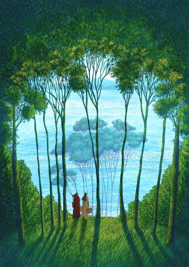 Rosanna Tasker painting of two figures walking through trees toward blue water