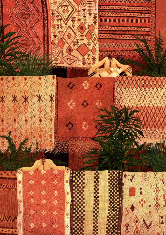 Rosanna Tasker's colorful geometric textiles arranged with potted plants and a reclining figure.