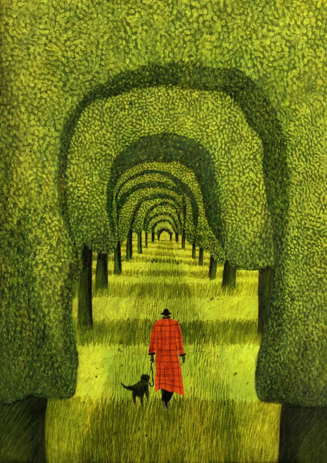 Rosanna Tasker's red-coated figure and dog walking through an arched hedge tunnel.