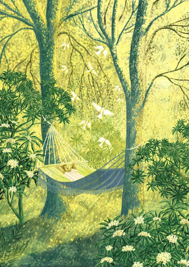 Rosanna Tasker illustration of a hammock among trees and lush flowering foliage