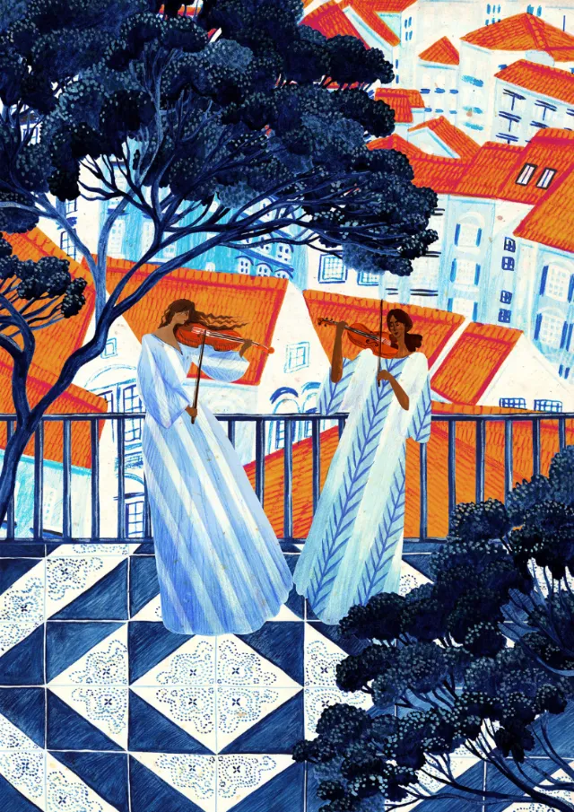 Rosanna Tasker's illustration of two women on a tiled terrace among trees