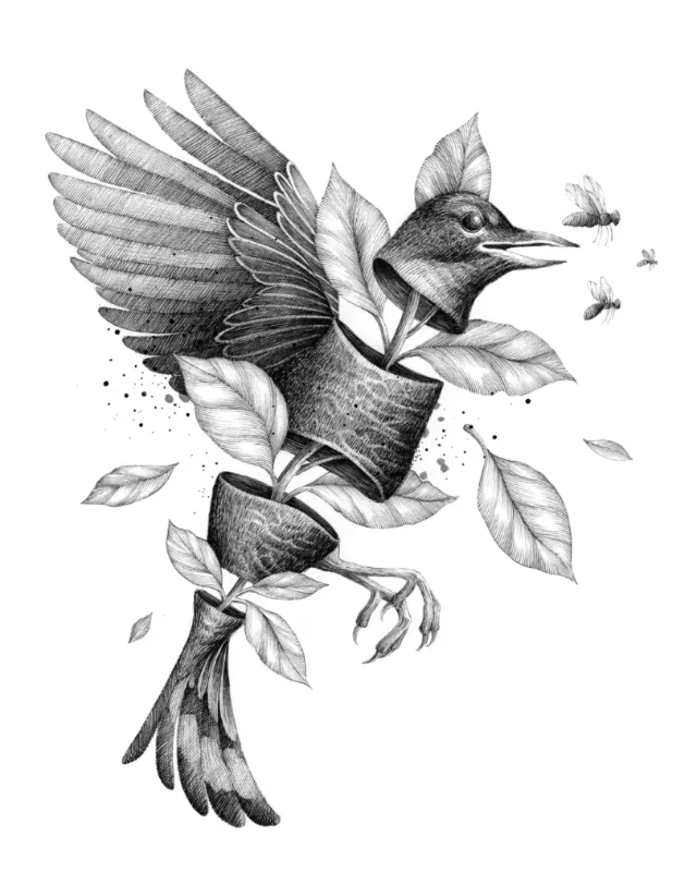 Miosis Studio illustration of a bird perched on a flowering branch