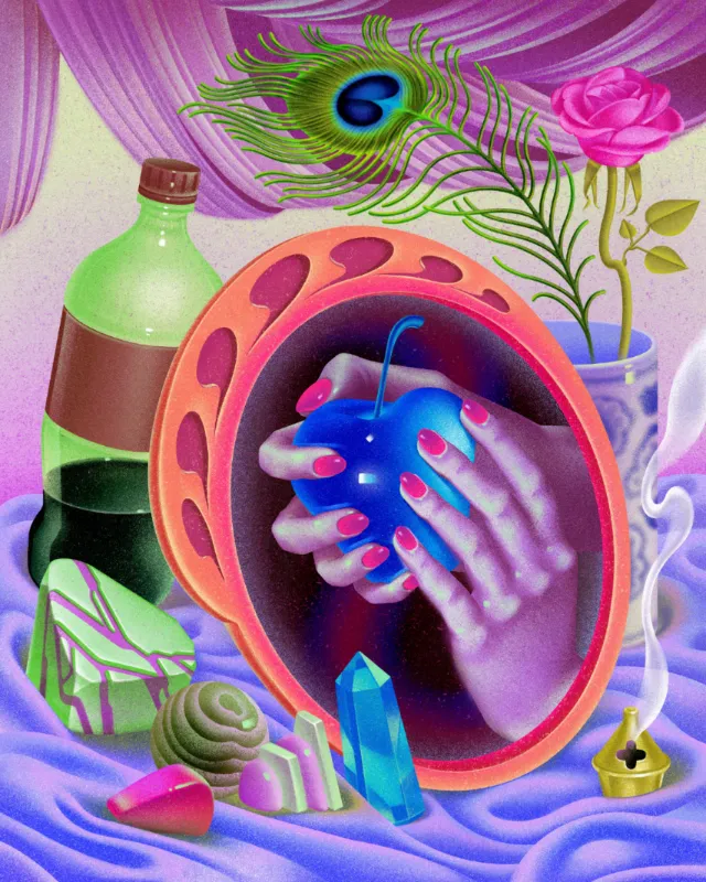 Surreal cell-like artwork with hands, peacock feather, flowers, and crystals by Wenjing Yang