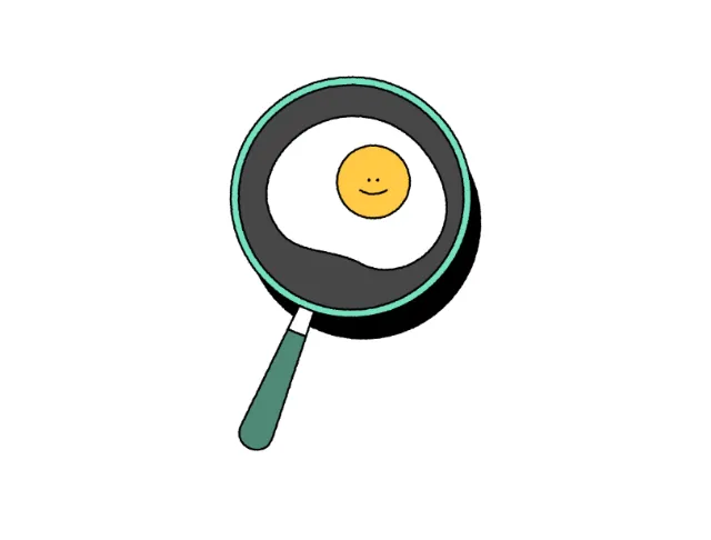 Smiling fried egg in a pan, illustrated by Joseph Carrington