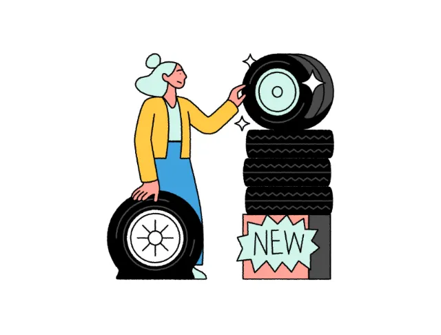 Joseph Carrington illustration of a mechanic inspecting a tire beside stacked tires
