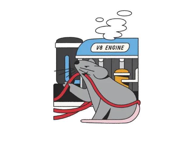 Joseph Carrington illustration of a mouse beside a smoking V8 engine.