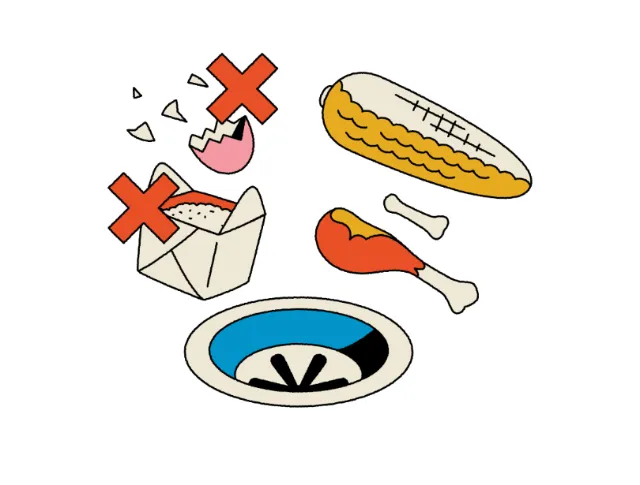Joseph Carrington illustration of crossed-out fast food, a bowl, drumstick, and scattered fragments