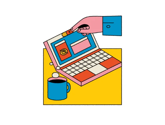 Colorful retro desk scene with a blue mug and pink telephone, by Joseph Carrington.