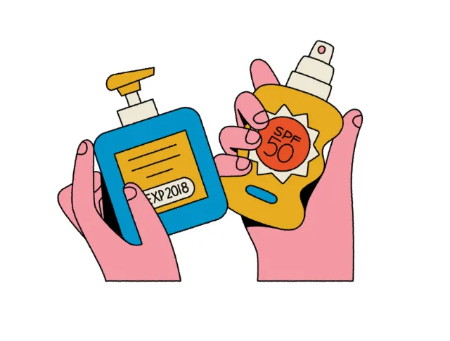 Joseph Carrington illustration of hands holding sunscreen bottles labeled EXP 2018 and SPF 50