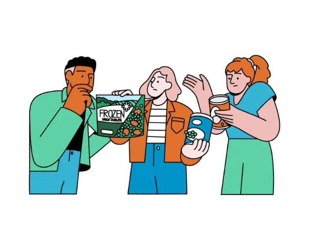 Joseph Carrington illustration of three people presenting frozen food products
