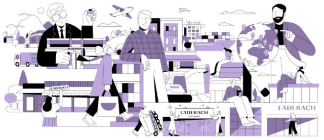 Joseph Carrington illustration of professionals among purple city buildings and urban details