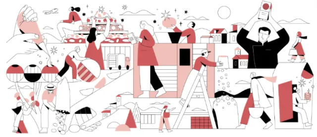 Red, black, and white abstract social scene by Joseph Carrington