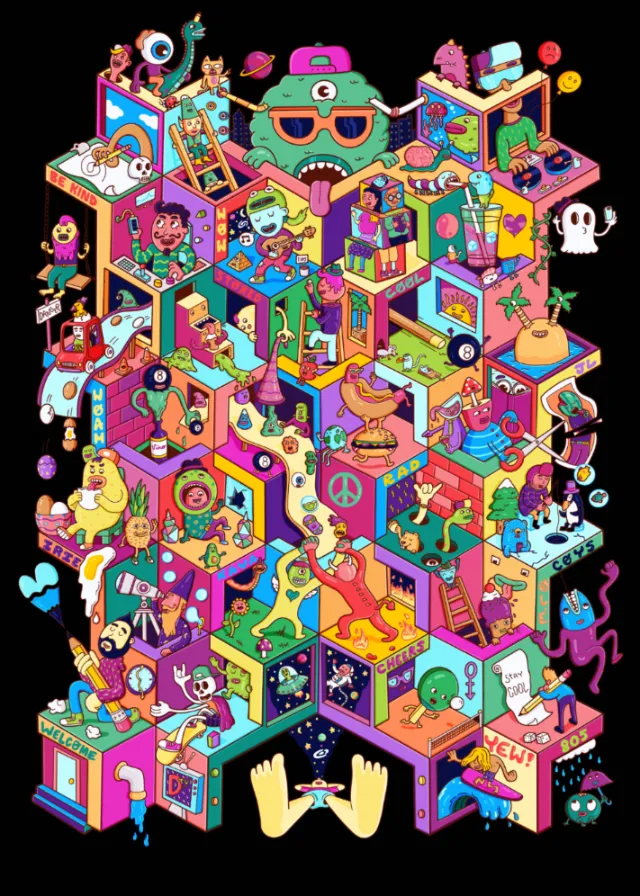 Daniel Sulzberg illustration of colorful stacked arcade rooms with characters, games, toys, and plan
