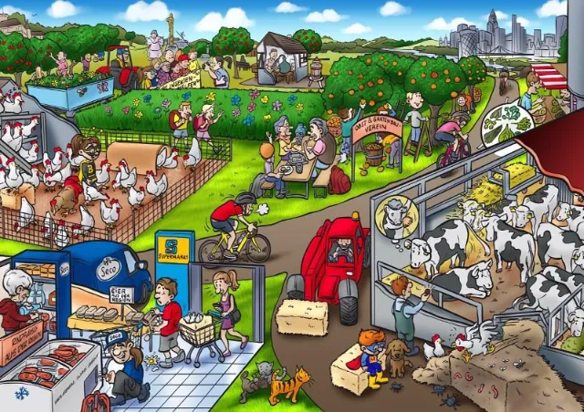 Carsten Mell illustration of a busy farm and village with animals, gardens, markets, and city buildi