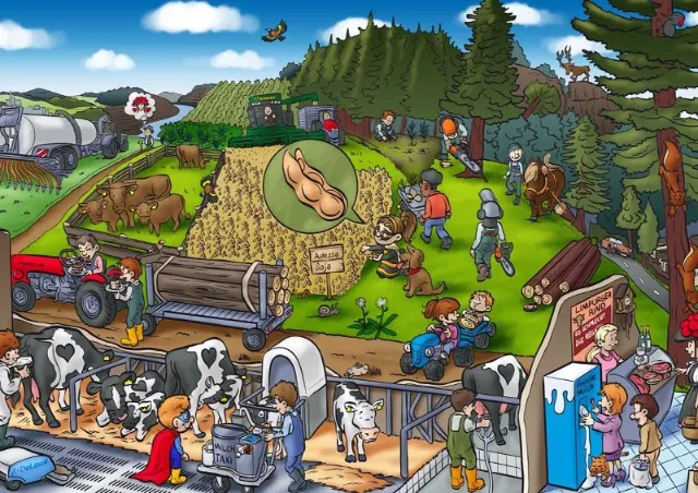 Busy rural farm scene with animals and people, illustrated by Carsten Mell