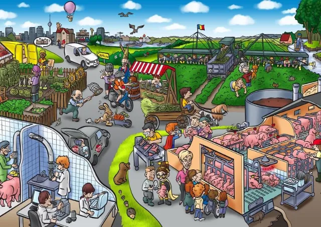 Busy farm fair with animals and visitors, illustrated by Carsten Mell.