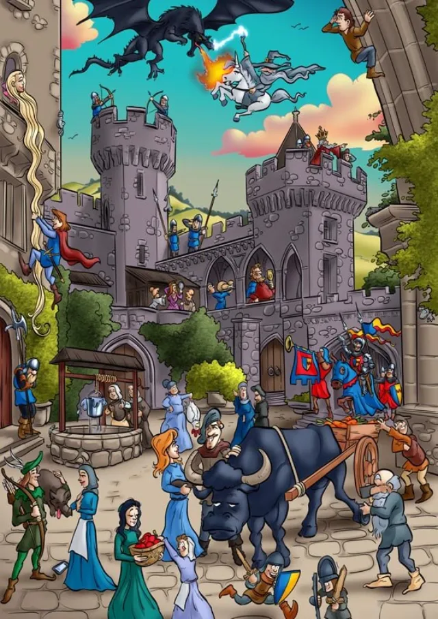 Carsten Mell illustration of a medieval castle festival with knights, villagers, horses, and dragons