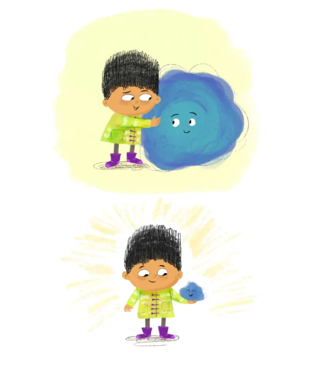 Dalia Awad illustration of a child with a friendly blue monster