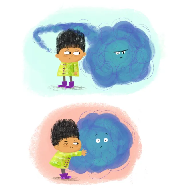Dalia Awad illustration of a child meeting a blue cloud creature