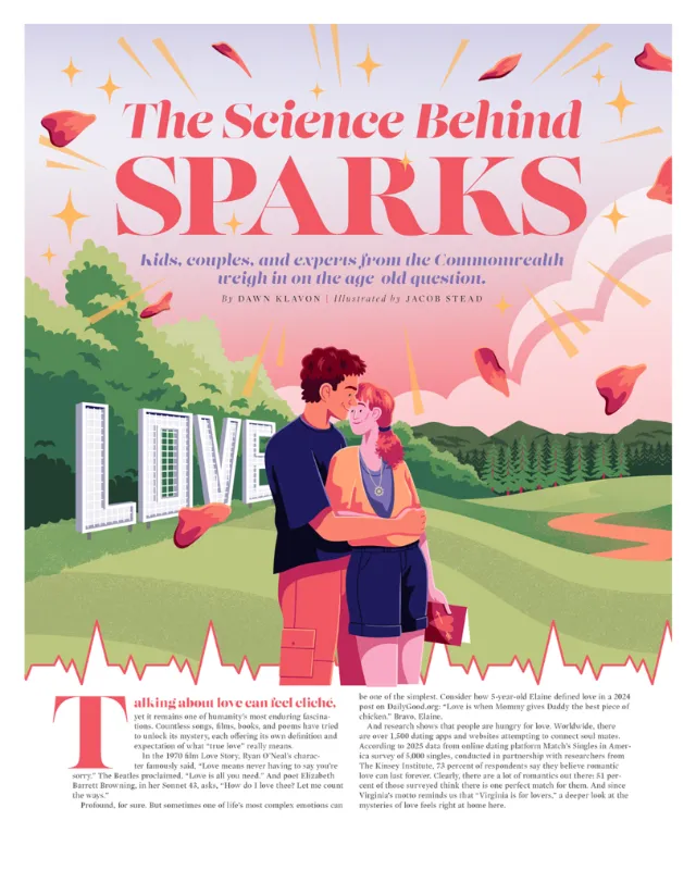 Jacob Stead illustration of a couple embracing beneath The Science Behind Sparks headline.