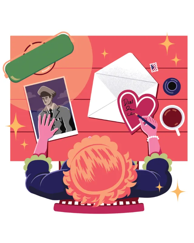 Illustration by Jacob Stead of a red-haired person viewing a love letter collage