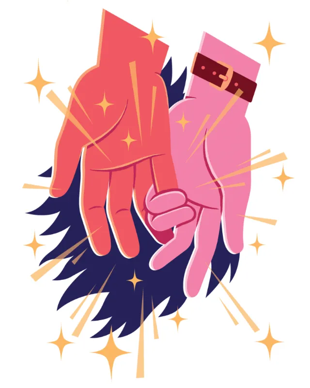 Stylized pink and red hands by Jacob Stead surrounded by sparkles