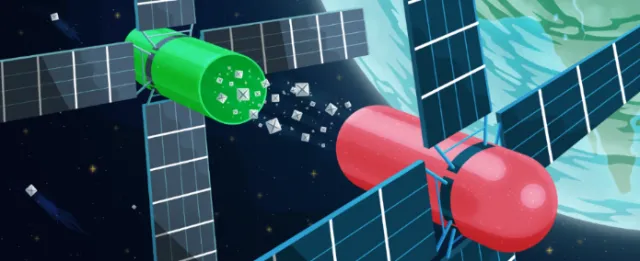 Jacob Stead illustration of two satellites orbiting Earth with solar panels and space debris