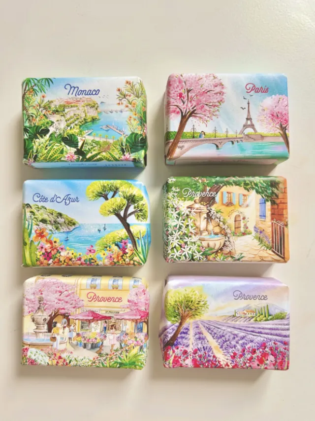 Enya Todd's illustrated Provence scenes on six colorful soap packages