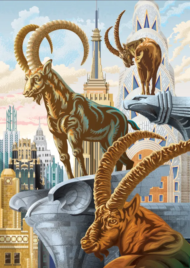 Illustration of horned goats above Manhattan by Colin Elgie