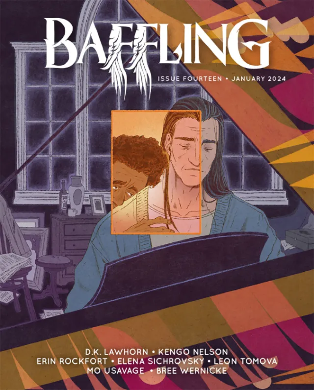 Baffling Magazine cover illustration by Mart Lett with a seated figure