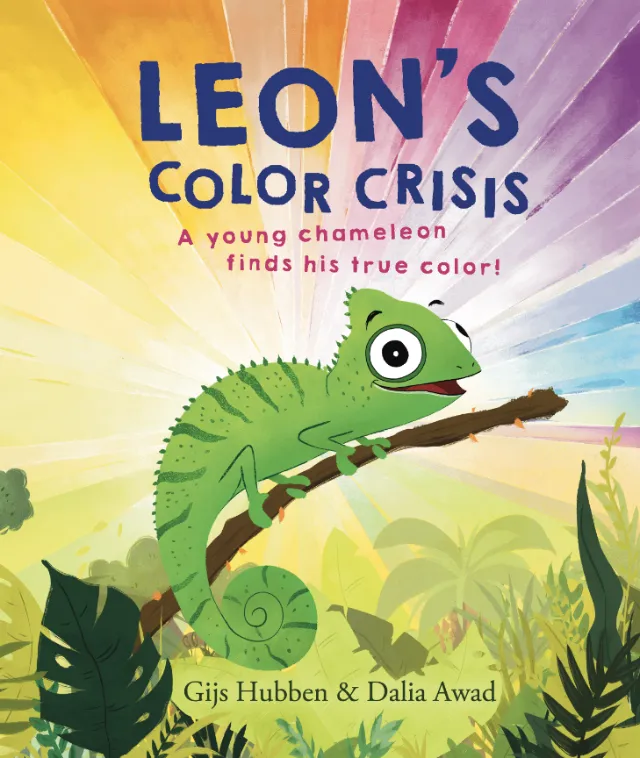 Leon's Color Crisis book cover by Dalia Awad, showing a green chameleon in a jungle.