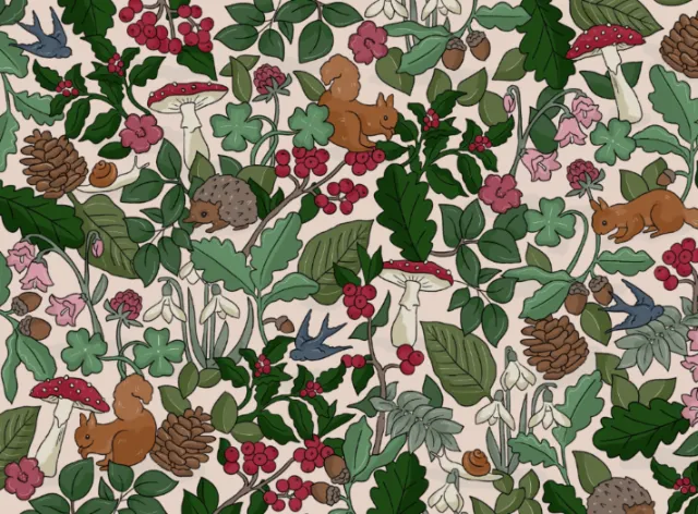 Winter woodland pattern by Megan McKean with animals, berries, leaves, and pinecones