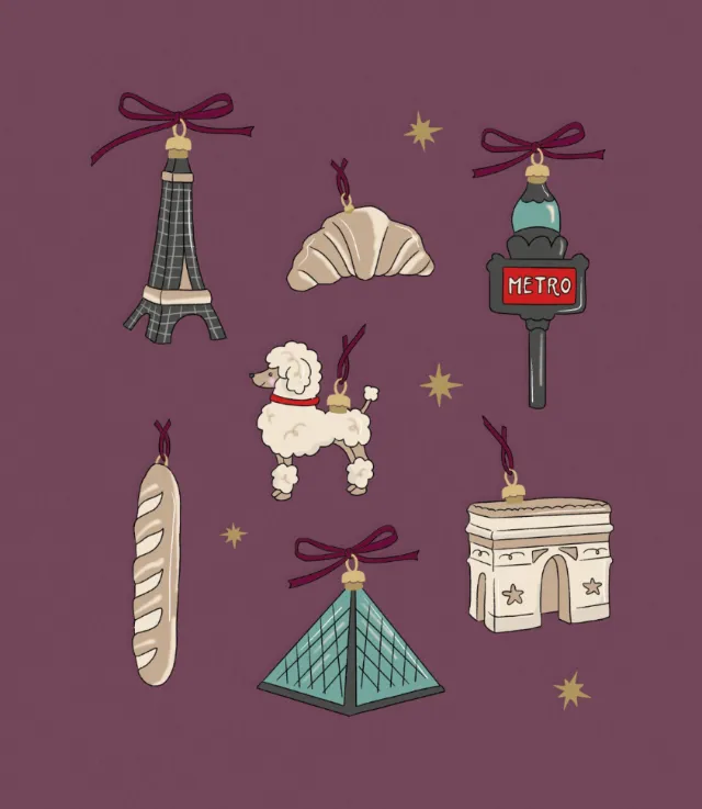Paris-themed Christmas ornaments illustrated by Megan McKean