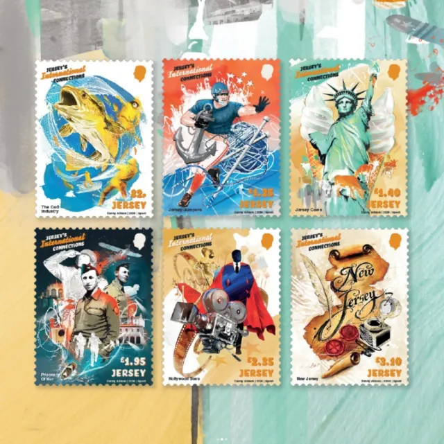 Danny Allison collage of six colorful illustrated New Jersey postage stamps