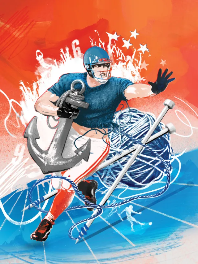 Danny Allison illustration of a sailor gripping an anchor amid tangled ropes and splashing water