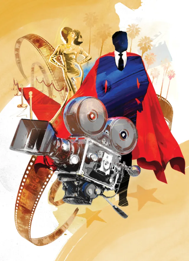 Danny Allison illustration of a caped figure with a vintage movie camera