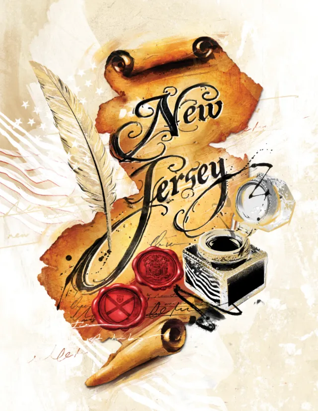 Danny Allison illustration of New Jersey lettering with a quill, compass, seals, and writing tools