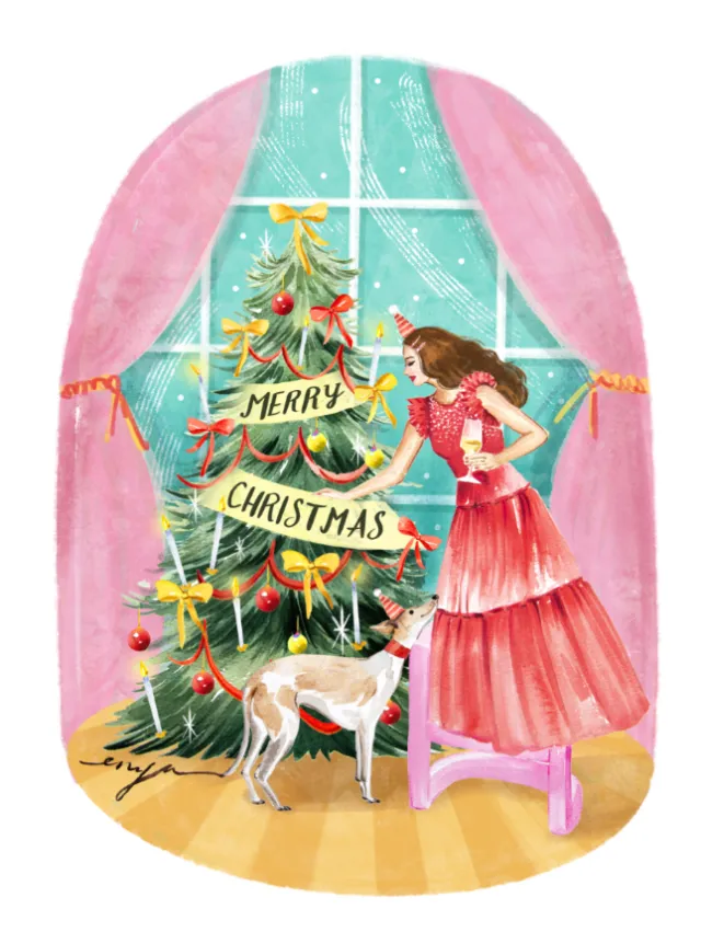 Enya Todd illustration of a girl decorating a Christmas tree with a dog