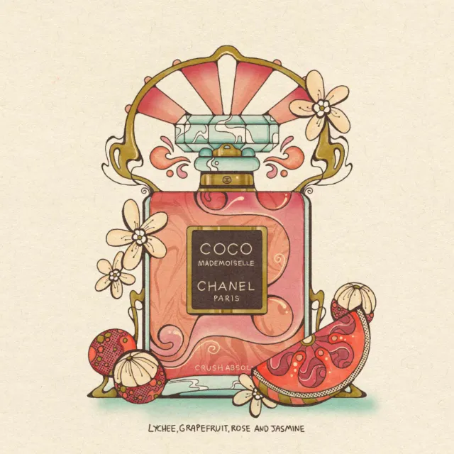 Laura Greenan illustration of Chanel Coco Mademoiselle perfume with fruit and flowers