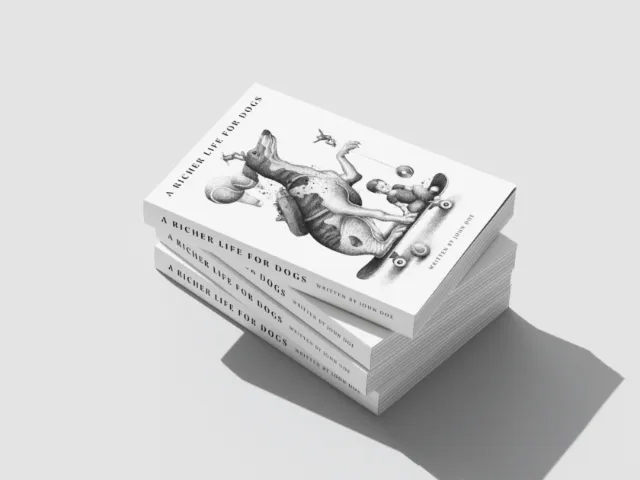 Miosis Studio illustration of a stack of white books with a dog
