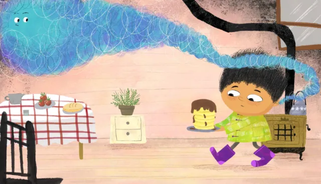 Illustration by Dalia Awad of a child walking through a colorful room.