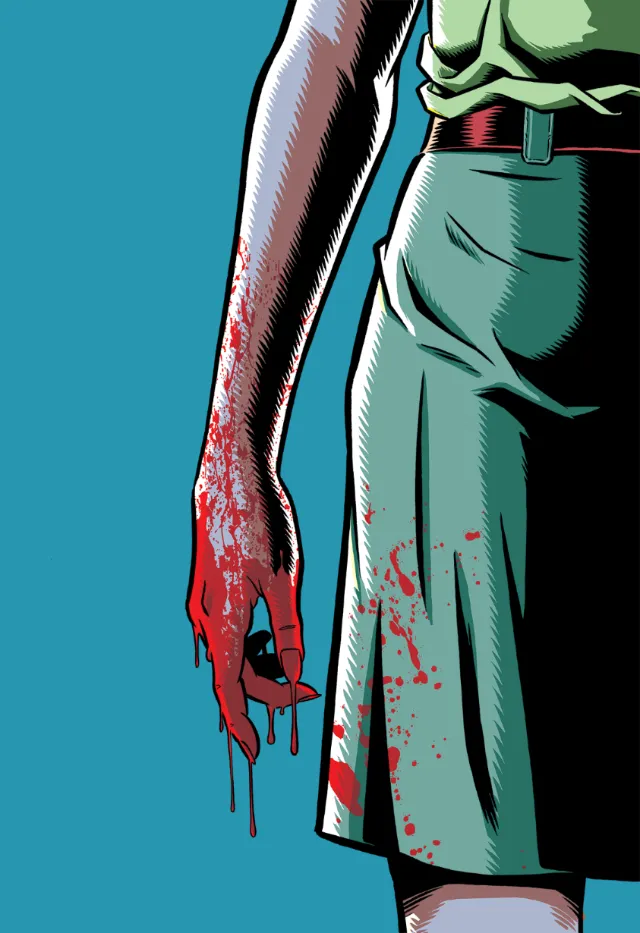 Fabio Lyra illustration of a bloodied arm beside green trousers