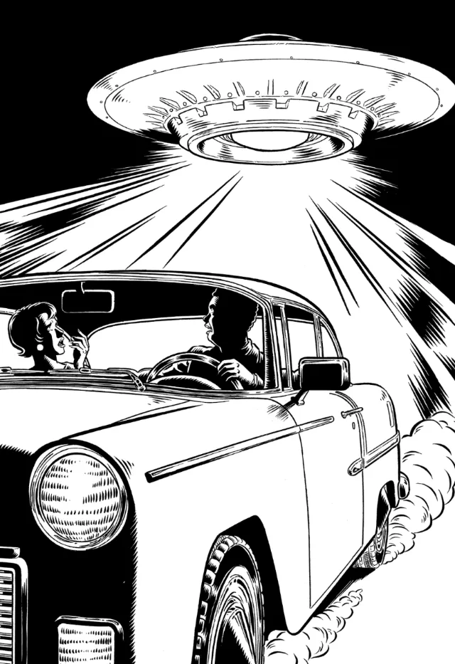 Fabio Lyra illustration of a UFO shining beams over a vintage car