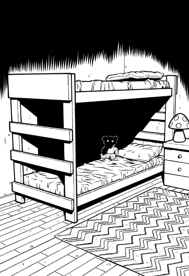 Fabio Lyra illustration of a bunk bed bedroom with mushroom lamp and patterned rug