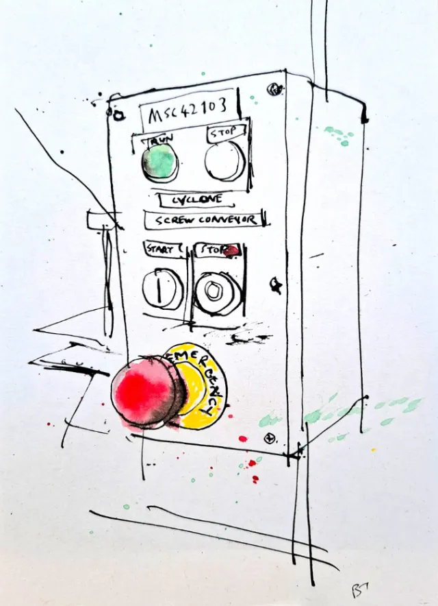 Ben Tallon's drawing of an industrial control panel with colored buttons