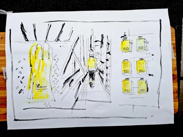 Ben Tallon drawing of an industrial power station with yellow tanks