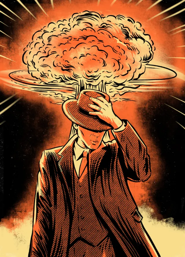 Cat Sims illustration of a suited man tipping his hat beneath a mushroom cloud