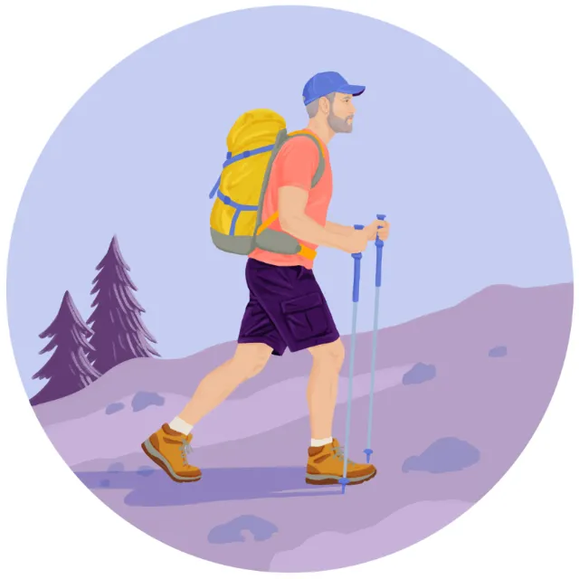 Lauren Mortimer Colours illustration of a hiker with backpack and trekking poles